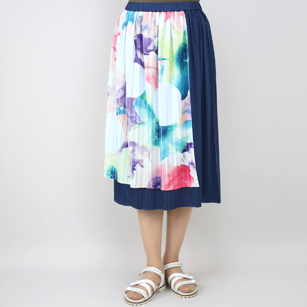 佐藤繊維 M&KYOKO 水彩プリント柄ラップ風プリーツスカート ネイビー size M 佐藤繊維 M&KYOKO 水彩プリント柄ラップ風プリーツスカート ネイビー size M