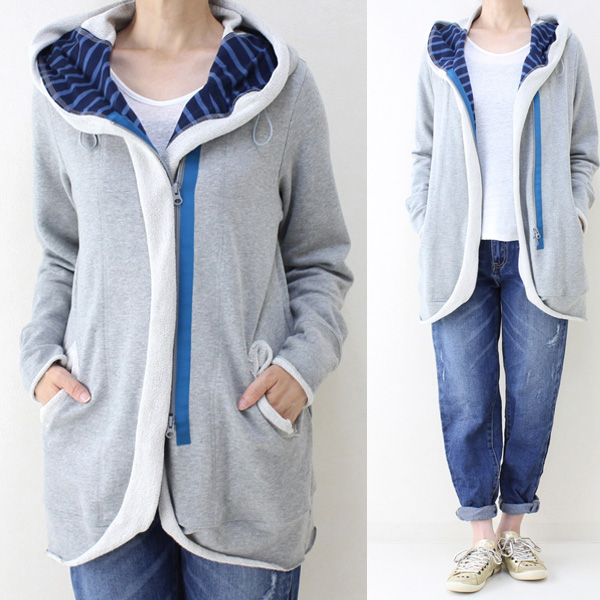 スーパーボイス フード付き裏ストライプコンビパーカー グレー size M スーパーボイス フード付き裏ストライプコンビパーカー グレー size M