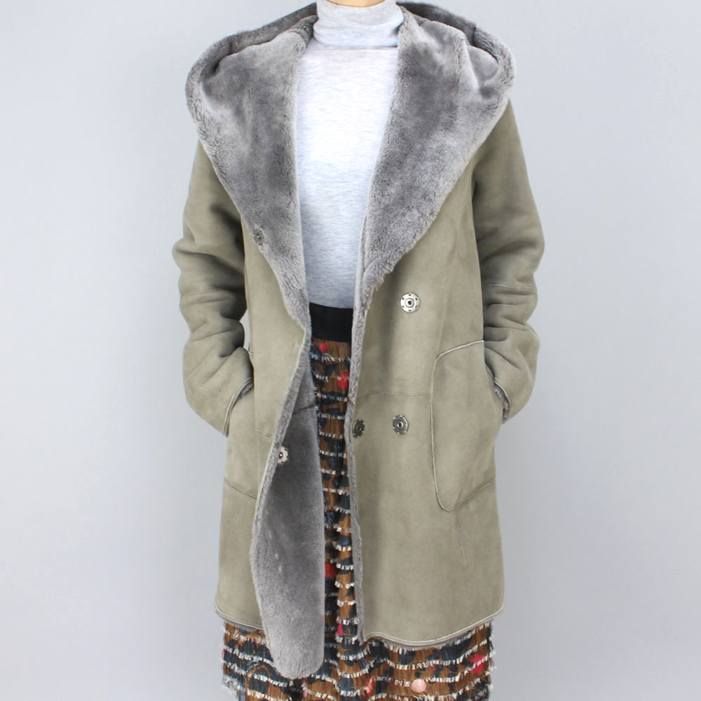 MARCCAIN フード付きムートンコートグレー size M MARCCAIN フード付きムートンコートグレー size M